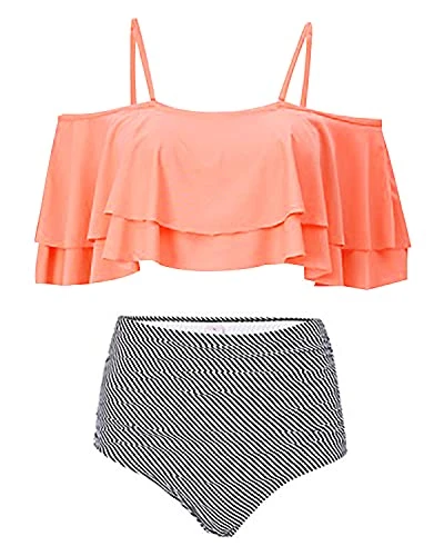 Elegant High Waisted Bikini Set Swimsuit Tummy Control-Coral Pink Stripe - Image 2