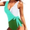 Long Torso High-Cut Swimsuits Sexy 1 Piece Swimsuits For Women-Green White