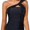 One Shoulder Ruched Swim Top Tummy Control Tankini Top-Black