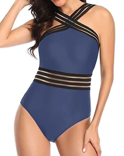 Removable Padded Push Up Bras One Piece Front Crossover Swimwear-Blue - Image 2