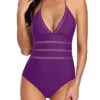 Women's Halter Plunge V-Neck Monokini One Piece Swimsuit-Purple