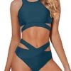 High Neck Bikini Set Cutout Strappy Two Piece Swimsuits-Teal