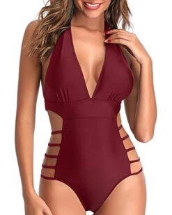 Push-Up Bra Removable One Piece Swimsuits Backless One Piece Swimsuits-Maroon