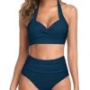 Two Piece Self-Tie Halter Neck Pleated Front Panel Push Up Bikini-Teal