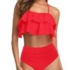 Flattering Ruffle Halter Bikini Set Tummy Control Bottoms For Teen Girls-Neon Red