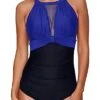 Fashionable Ruched Women's One Piece Swimwear-Royal Blue And Black
