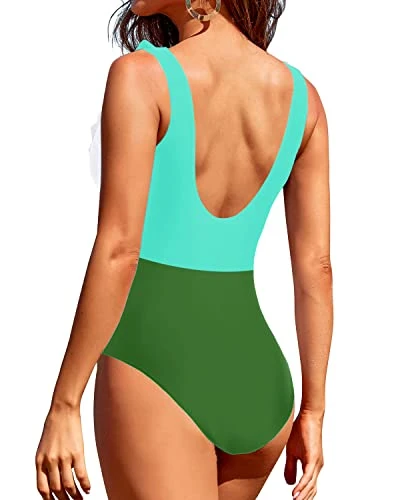 Long Torso High-Cut Swimsuits Sexy 1 Piece Swimsuits For Women-Green White - Image 2