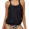 Attractive Scoop Neck Striped Tankini For Girls-Black And Leopard