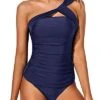 Flattering Two Piece One Shoulder Swim Top Shorts-Navy Blue