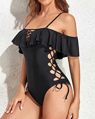 Women's Off Shoulder Ruffled Flounce One Piece Swimsuit-Black - Image 4