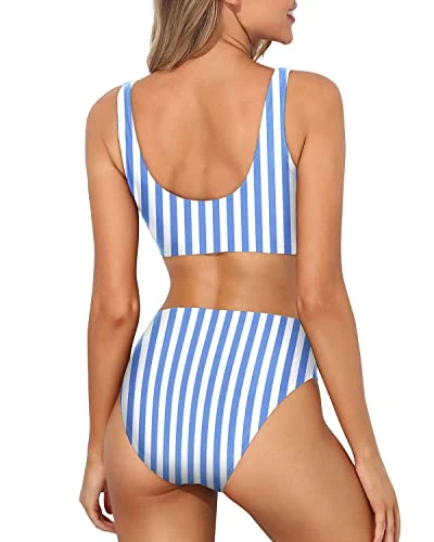 Scoop Neck Crop Top For Women Sports Two Piece Bikini For Women-Blue Stripes - Image 2