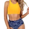 Removable Padded High Neck Racerback Two Piece Bikini Set-Yellow And Blue Leaf