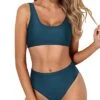 Tummy-Hiding High Waisted Swimsuit Sports Two Piece Bikini For Women-Teal