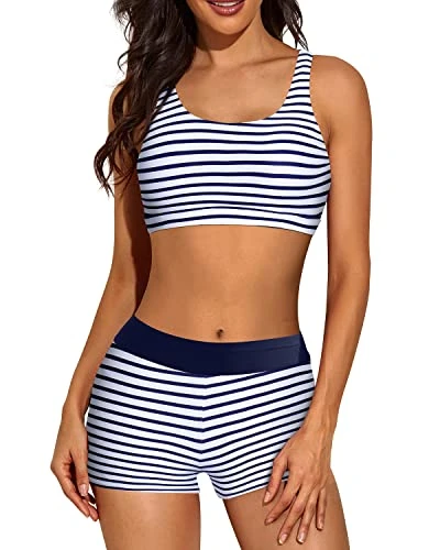 3 Piece Women's Scoop Neck Criss Cross Tankini Swimsuits-Blue White Stripe - Image 4