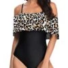 Women's Long Torso Off Shoulder One Piece Swimsuits-Black And Leopard