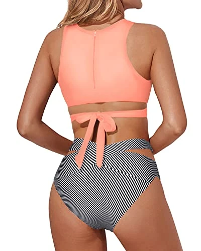 Cute Cutout Bandage Two Piece Bathing Suits-Coral Pink Stripe - Image 2