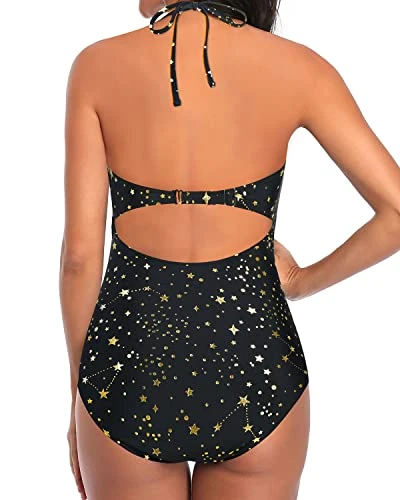 Elegant Curves Accentuating Monokini Halter One Piece Swimsuits-Gold Stars - Image 4