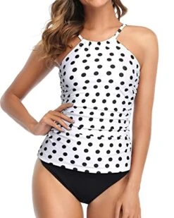 Slimming Two Piece Tankini For Women-White Black Polka Dots