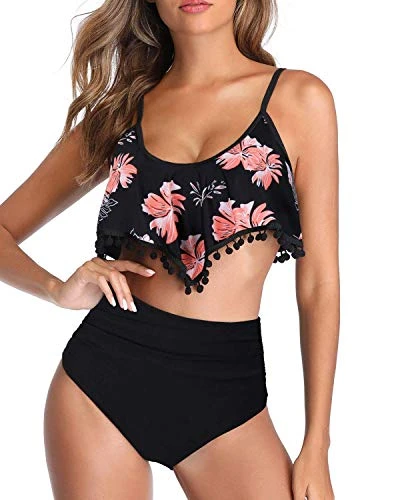 Comfortable Full Tummy Control High Waisted Bikini-Black Orange Floral - Image 3