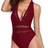 Women's Plus Size Long Torso One Piece Hollow Out Swimsuits-Maroon