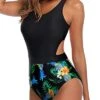 Racerback Zip Closure Tummy Control Women One Piece Swimsuits-Black Pineapple