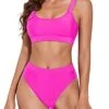 Women High Cut Cheeky Design Bikini High Rise Athletic Bikini-Neon Pink