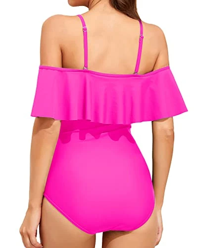 Off Shoulder Ruffled Retro Bathing Suit Flounce Printed One Piece Swimsuit-Neon Pink - Image 3