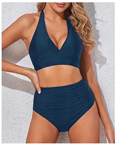 Stylish Double Buckles Two Piece High Waisted Bikini Set-Teal - Image 4