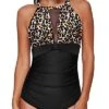 Flattering High Neck Push-Up Monokini Swimsuit For Women-Black And Leopard