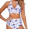 Slimming High Waisted Two Piece Bikini Set For Women-Blue Tie Dye