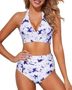 Slimming High Waisted Two Piece Bikini Set For Women-Blue Tie Dye