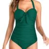 Halter One Piece Swimsuits Ruched Slimming Tummy Control Swimsuits For Women-Emerald Green