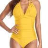 Deep V Neck One Piece Black Halter Bathing Suits-Neon Yellow