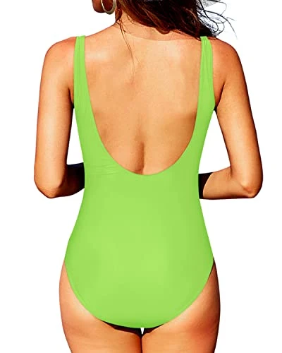 Vintage Tummy Control Bathing Suits Padded Push Up Bra Ruched Tummy Control Swimwear-Neon Green - Image 3