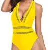 Comfy Padded Push Up Bra V Neck One Piece Swimsuits-Neon Yellow