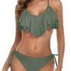 Two Piece Flounce Padded Top Women Cross Back Bathing Suit-Olive Green
