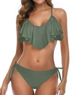 Two Piece Flounce Padded Top Women Cross Back Bathing Suit-Olive Green