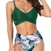 High Waisted Twist Front Push Up Bikini Set Criss Cross Push Up Bikini-Green Tropical Floral