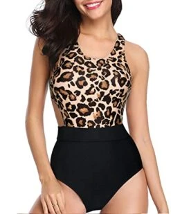 Removable Padded Bras Tummy Control Cutout Monokini-Black And Leopard