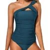 Elegant Two Piece One Shoulder Swim Top Shorts-Teal