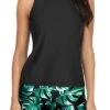 Modest High Neck Tank Top Athletic 3 Piece Swimsuits-Black Leaf
