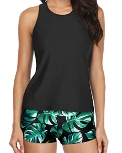 Modest High Neck Tank Top Athletic 3 Piece Swimsuits-Black Leaf