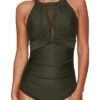 Mesh One Piece Swimsuit High Neck And Ruched For Women-Army Green