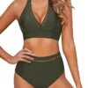 2 Piece Trendy Deep V Neck High Waisted Bikini Sets For Women-Army Green