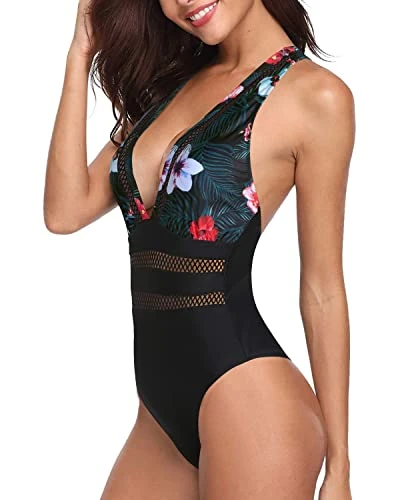 Comfy Padded Push Up V Neck One Piece Swimsuits-Black Floral - Image 4