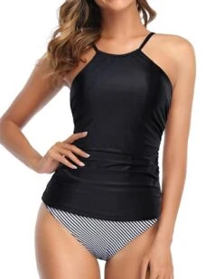 Adjustable Strap High Neck Ruched Tankini Swimsuit For Women-Black Stripe