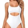 High Cut Scoop Neck Cutout One Piece Swimsuit For Women-White