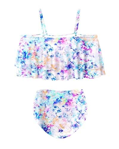 Two Piece Elegant High Waisted Off Shoulder Bikini Swimsuit-White Tie Dye - Image 4