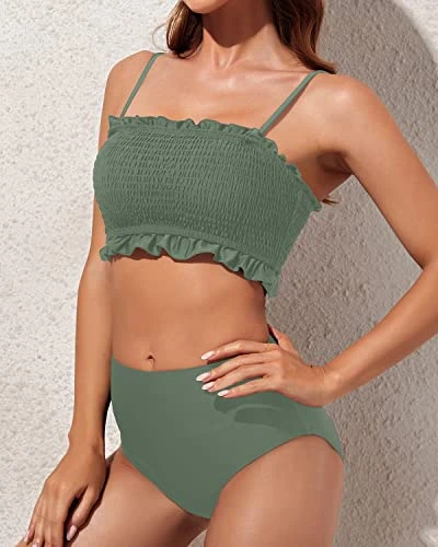 Women Two Piece Bandeau Bikini Smocked 2 Piece Swimsuit-Army Green - Image 3