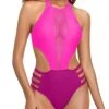 Sexy Mesh Cutout High Neck Halter One Piece Monokini Swimwear-Phosphor And Dark Pink